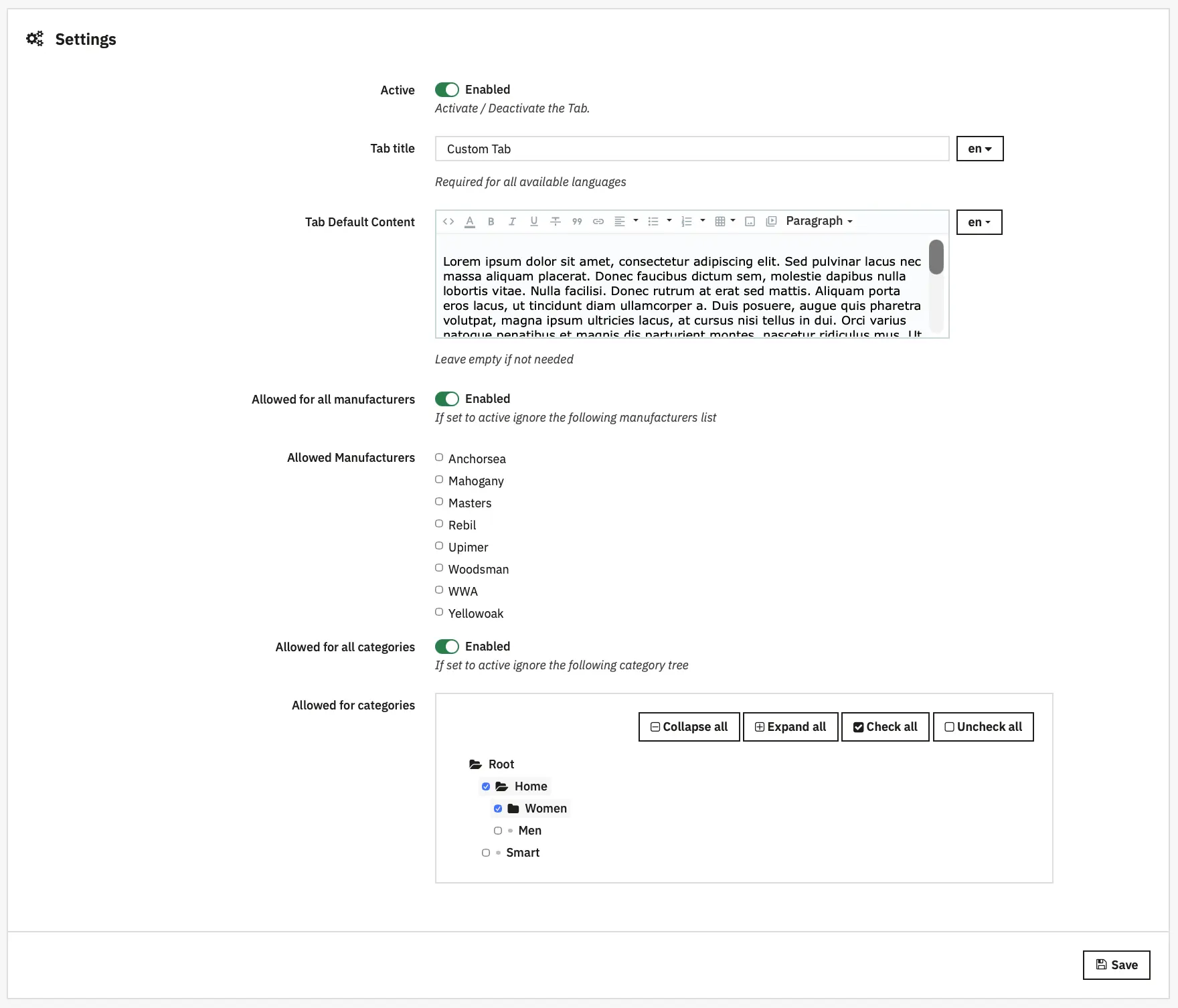 Alysum Prestashop Theme Product Tabs module Configuration