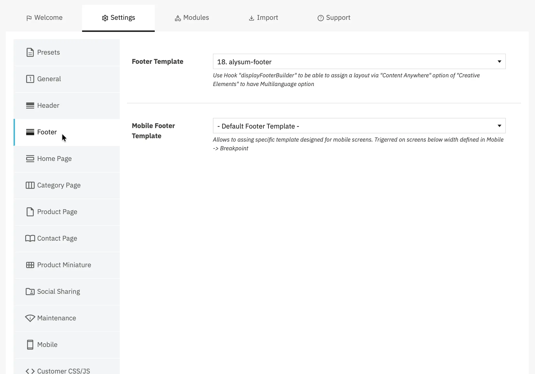 Alysum Prestashop Theme Settings module Configuration