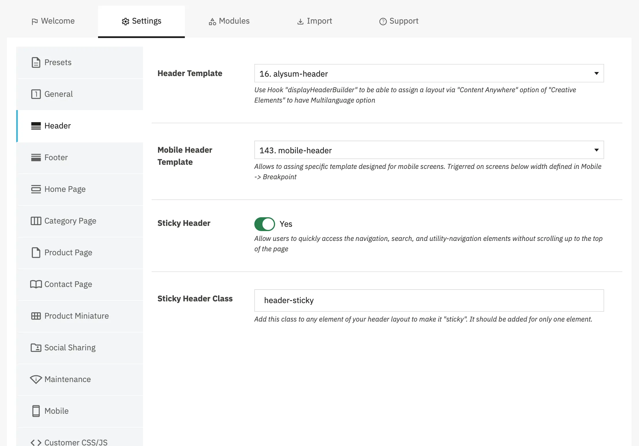 Alysum Prestashop Theme Settings module Configuration