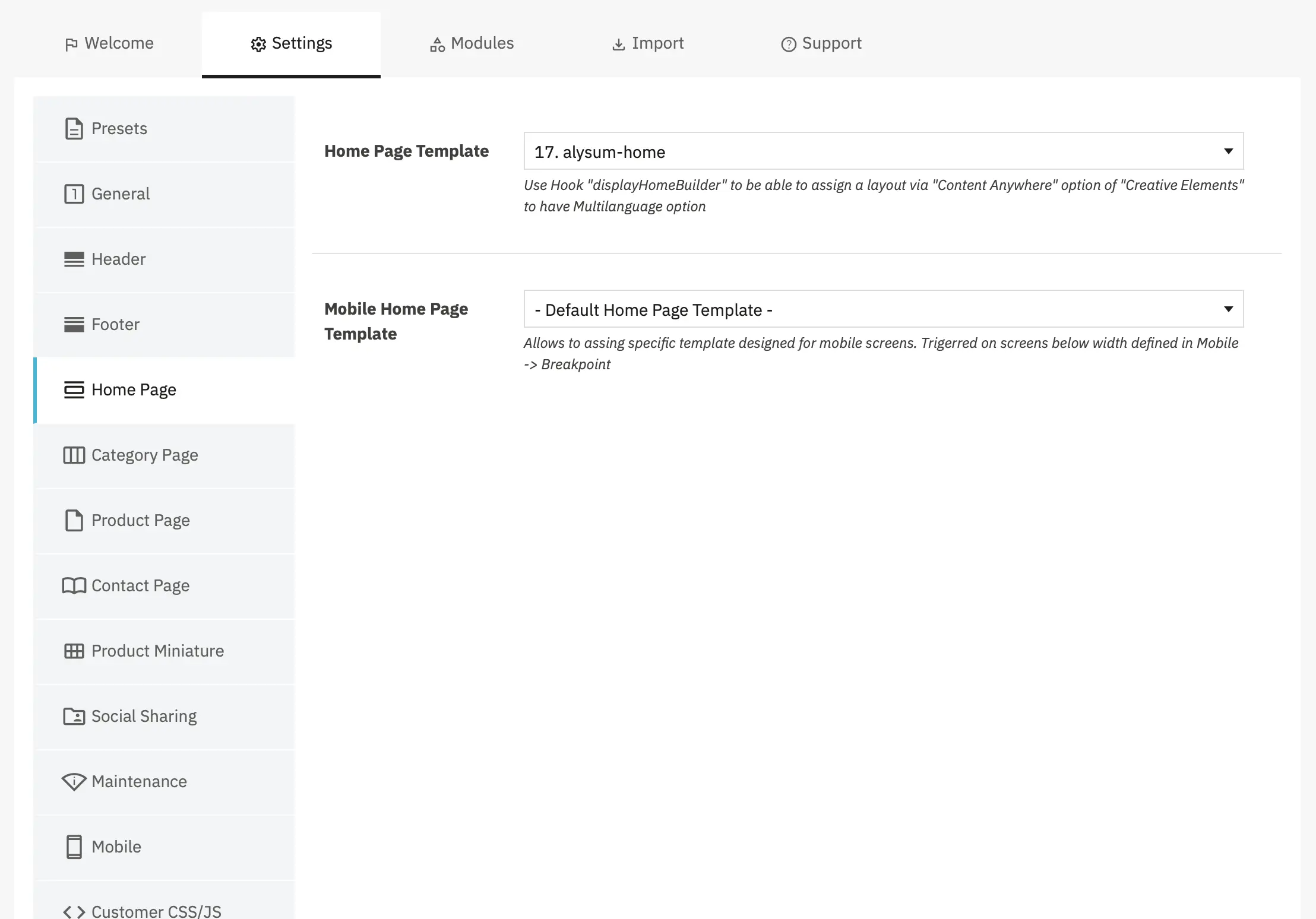 Alysum Prestashop Theme Settings module Configuration