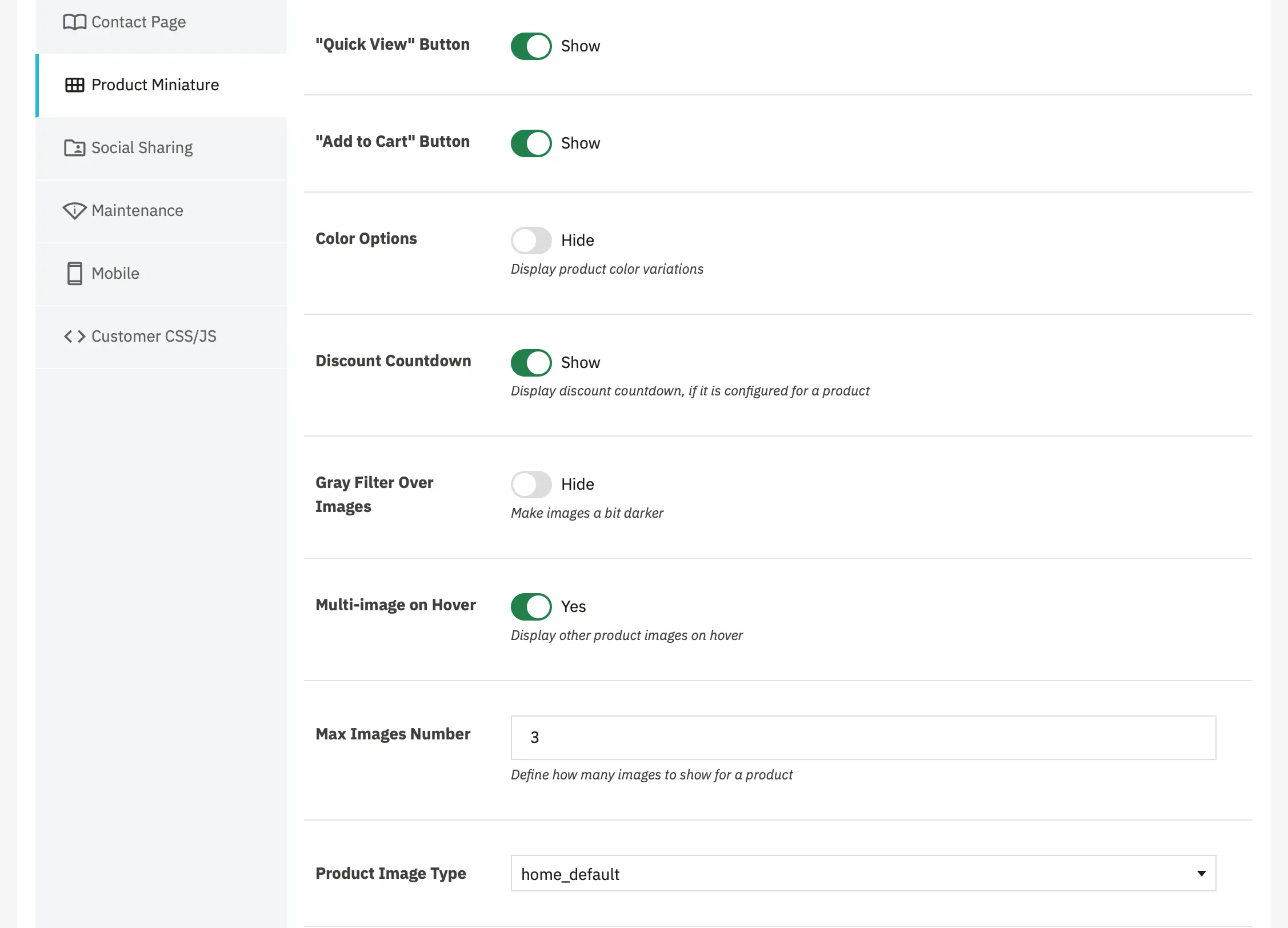Alysum Prestashop Theme Settings - Product Miniature Configuration