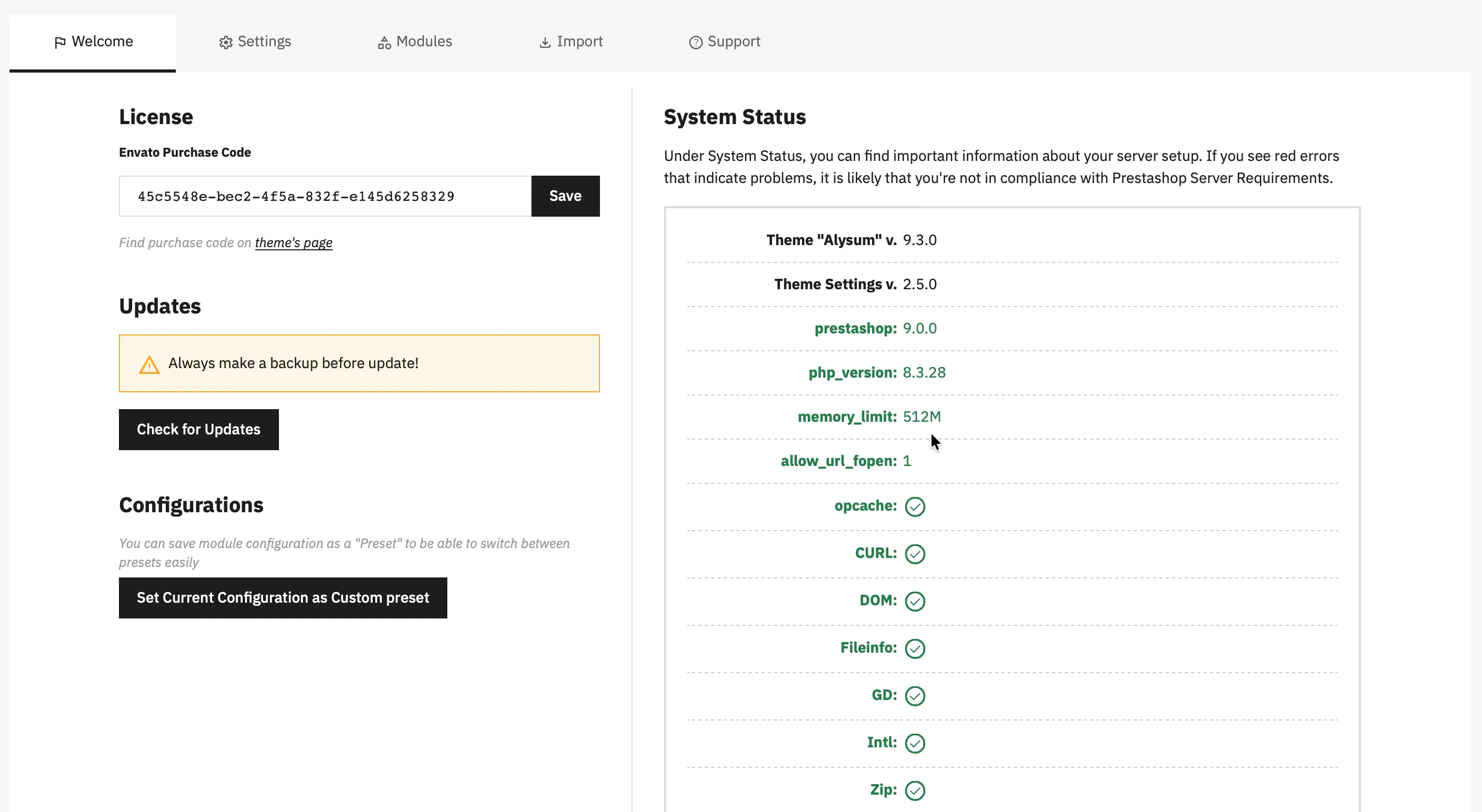Alysum Prestashop Theme Settings module Configuration